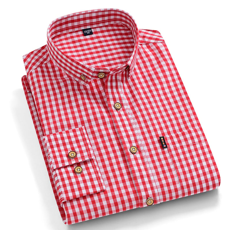 Men's Long-Sleeve Fitted Shirt with Square Collar and Check Pattern