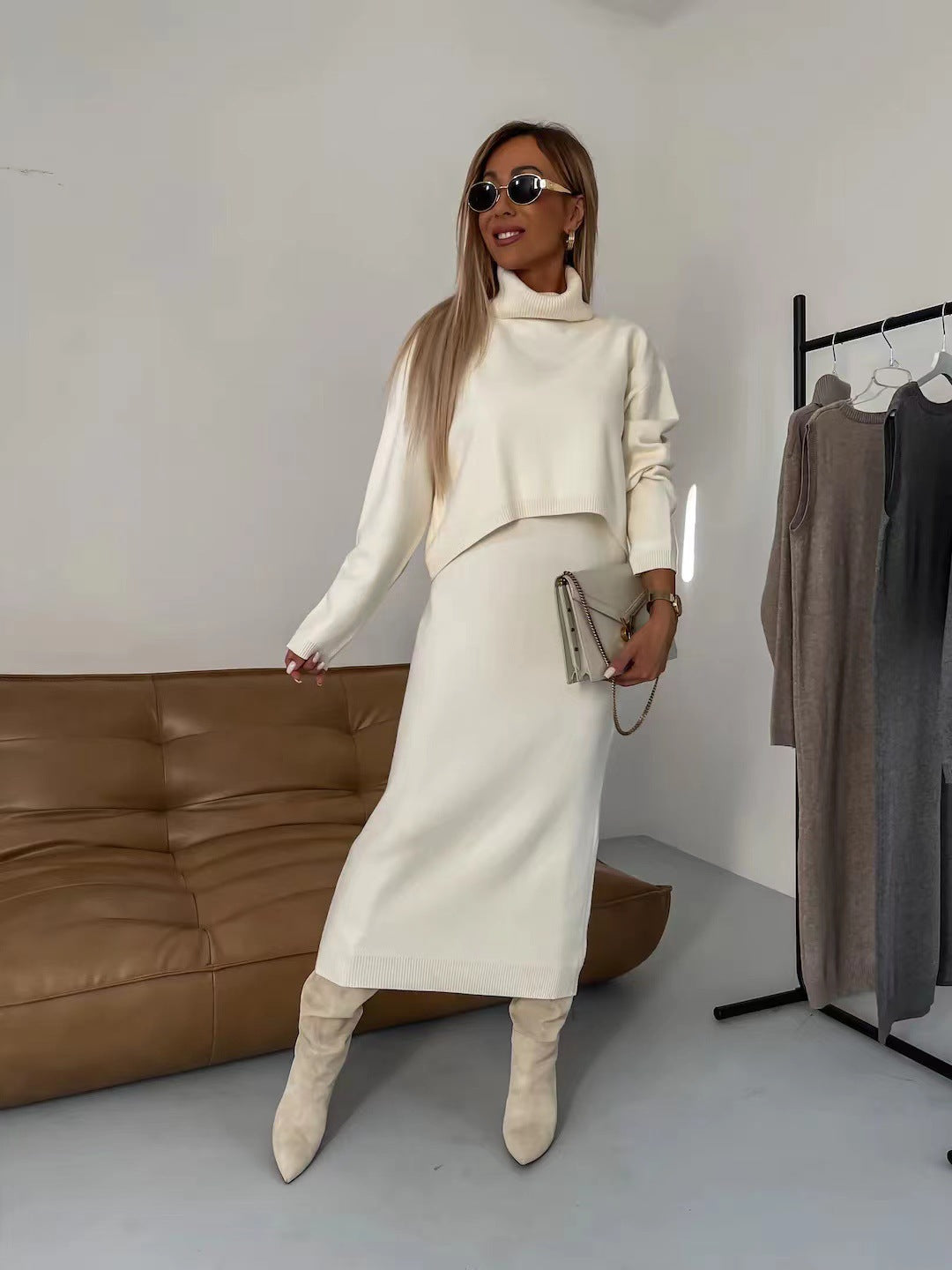 Women's Two-Piece Winter Knitwear Set with Polo Neck and Long Sleeveless Dress