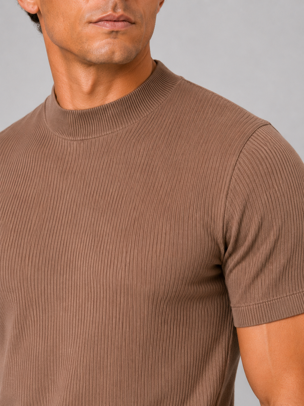 Men's ribbed T-shirt with stand-up collar – fitted stretch short-sleeved top