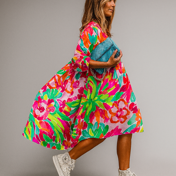 Oversized Floral Print Midi Shirt Dress