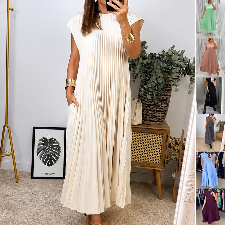 Women’s Short Sleeve Pleated Long Dress
