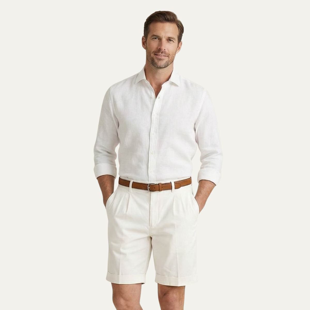 Classic Men's Chino Shorts with Double Pleats and Turned-Up Hem.