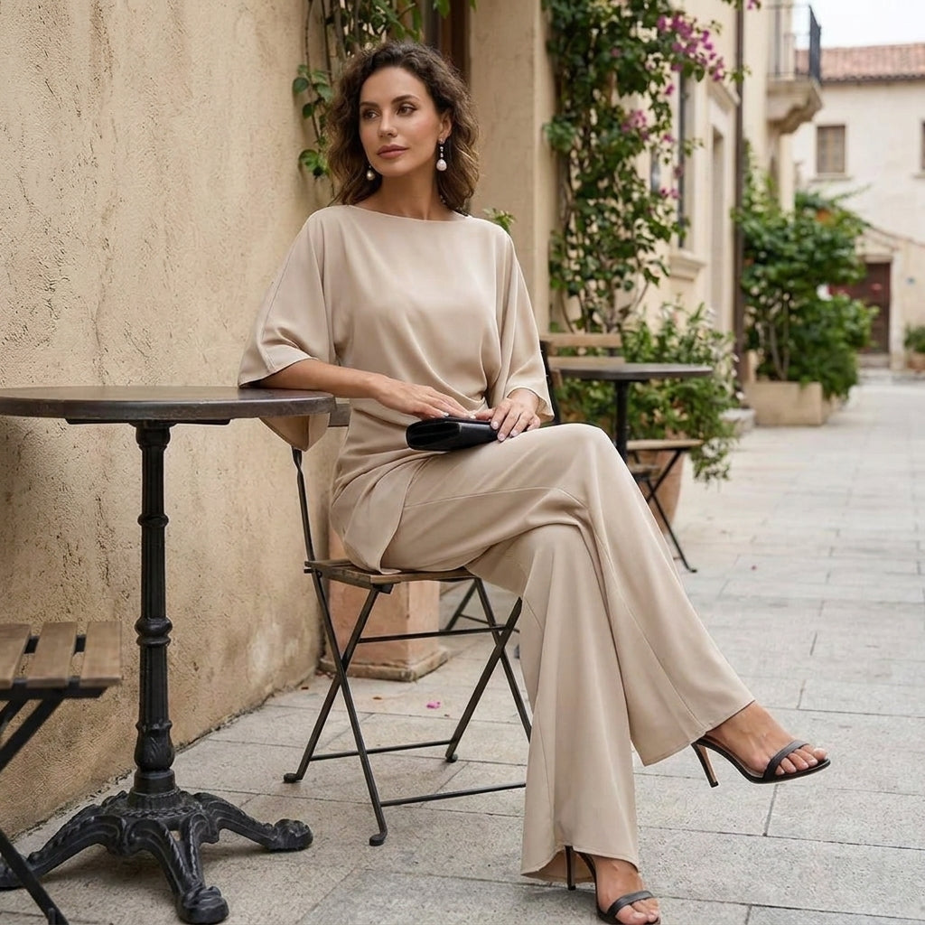 Draped Blouse and Wide-Leg Trousers – Two-Piece Set