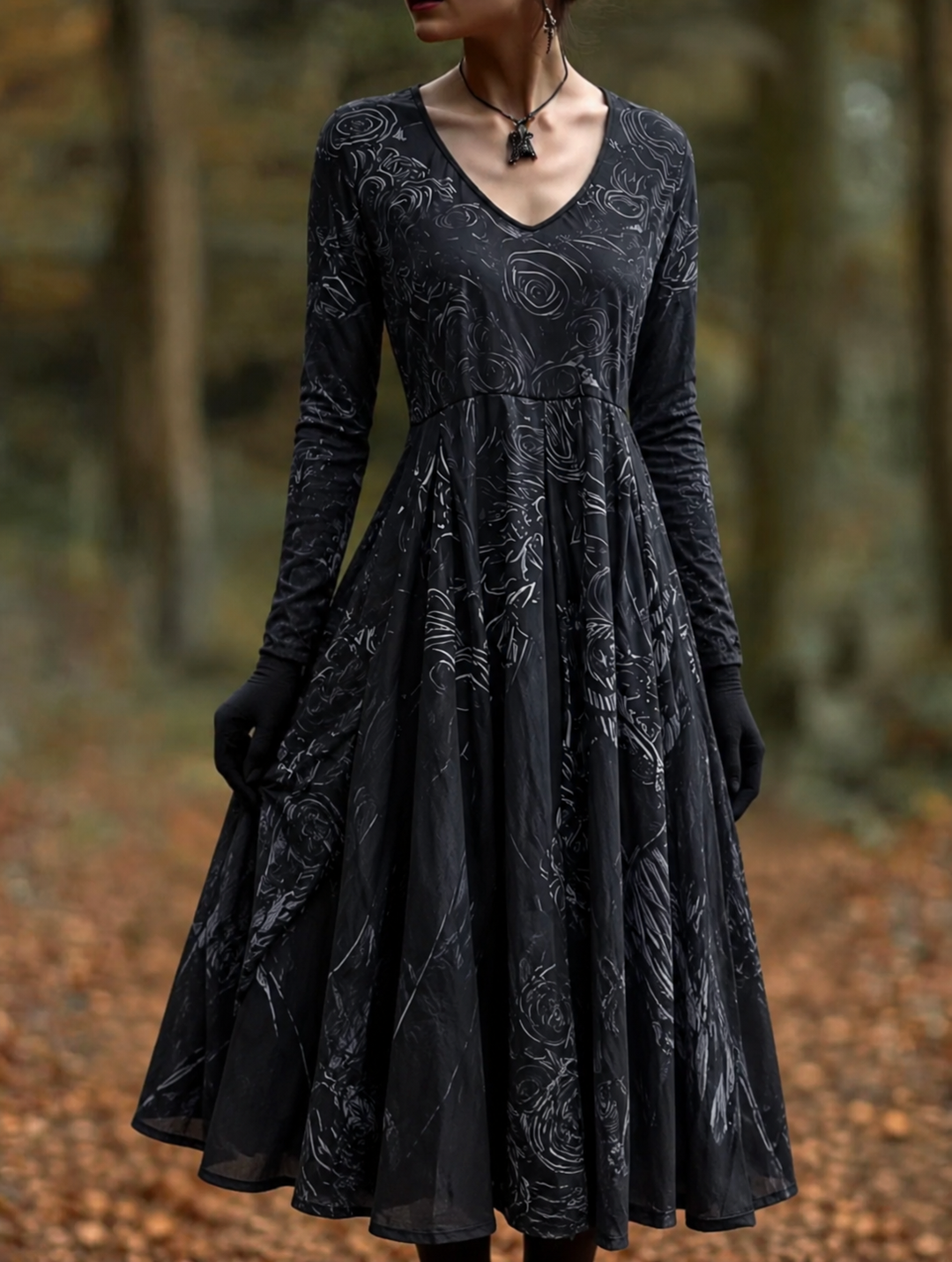 Women's Black Maxi Dress with Rose Appliqué and Long Sleeves, Halloween