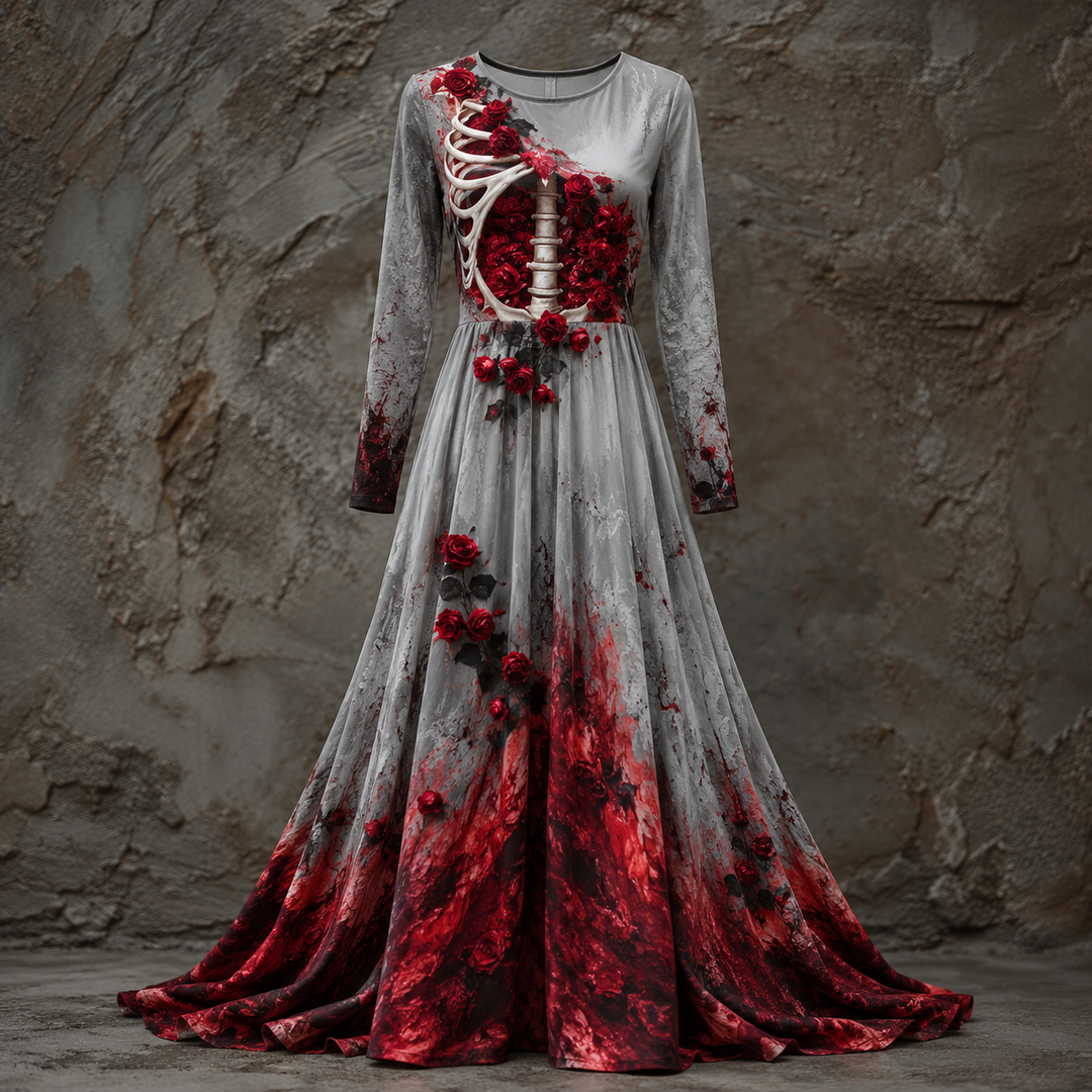 Women's Long-Sleeved Halloween Maxi Dress with Skeleton-Style Bodice