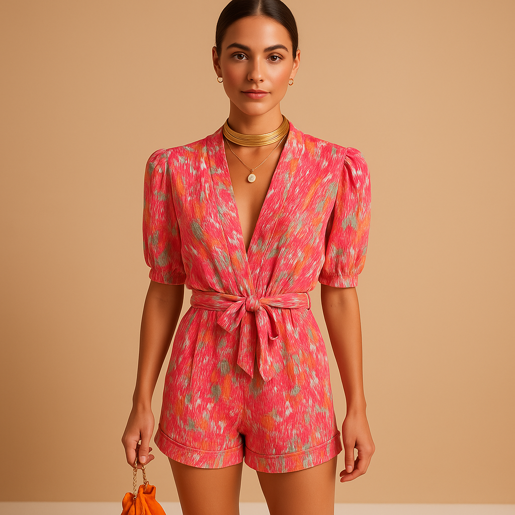 Short Jumpsuit with Belt and Vibrant Print for Women