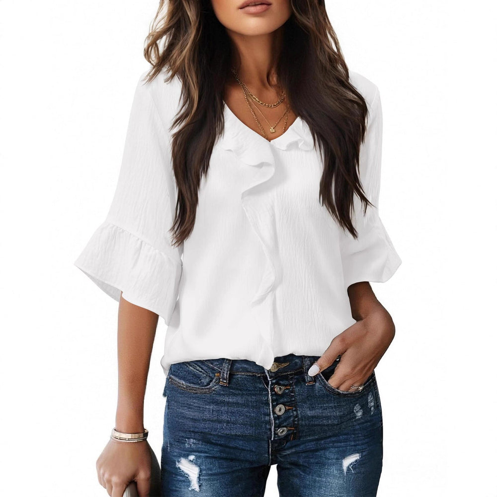Women's Airy Blouse Shirt with Ruffle Details and V-Neck Lune London