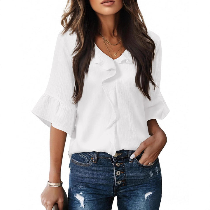 Women's Airy Blouse Shirt with Ruffle Details and V-Neck Lune London