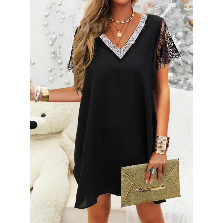 Elegant V-neck shift dress for women with lace sleeves Lune London