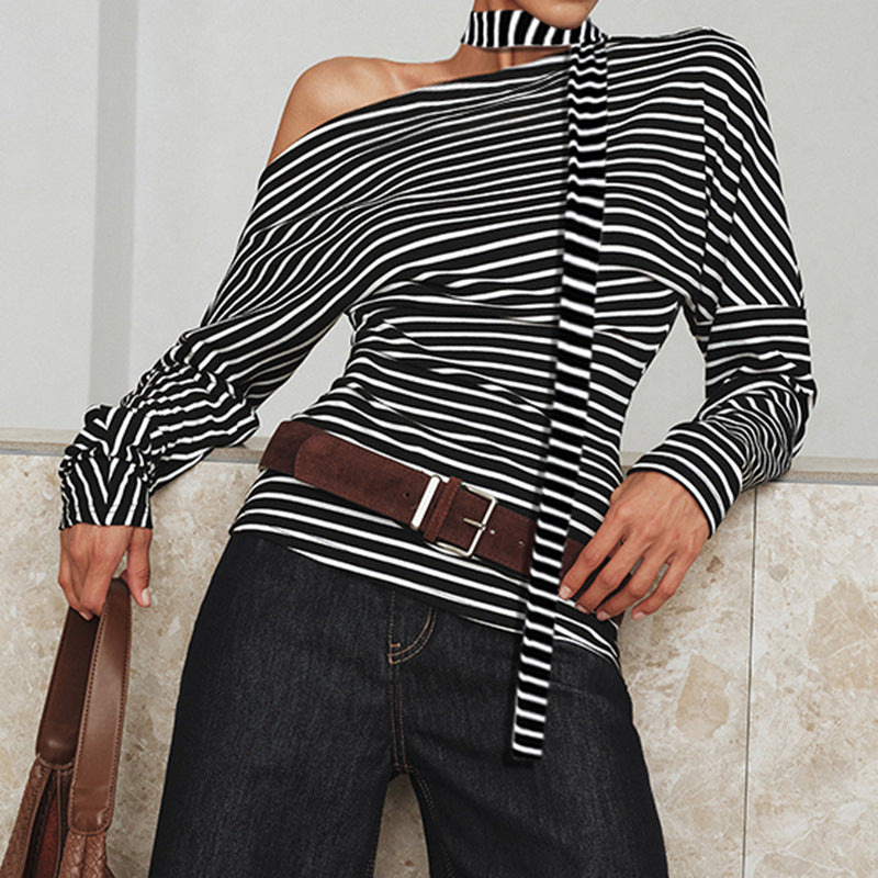 Women's asymmetrical long sleeve shirt with fashionable stripes and halter neck Lune London