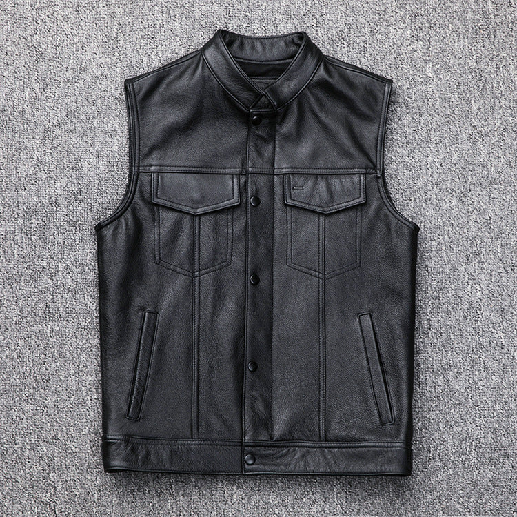 Leather gilet for men with bellows pockets and modern stand-up collar Lune London