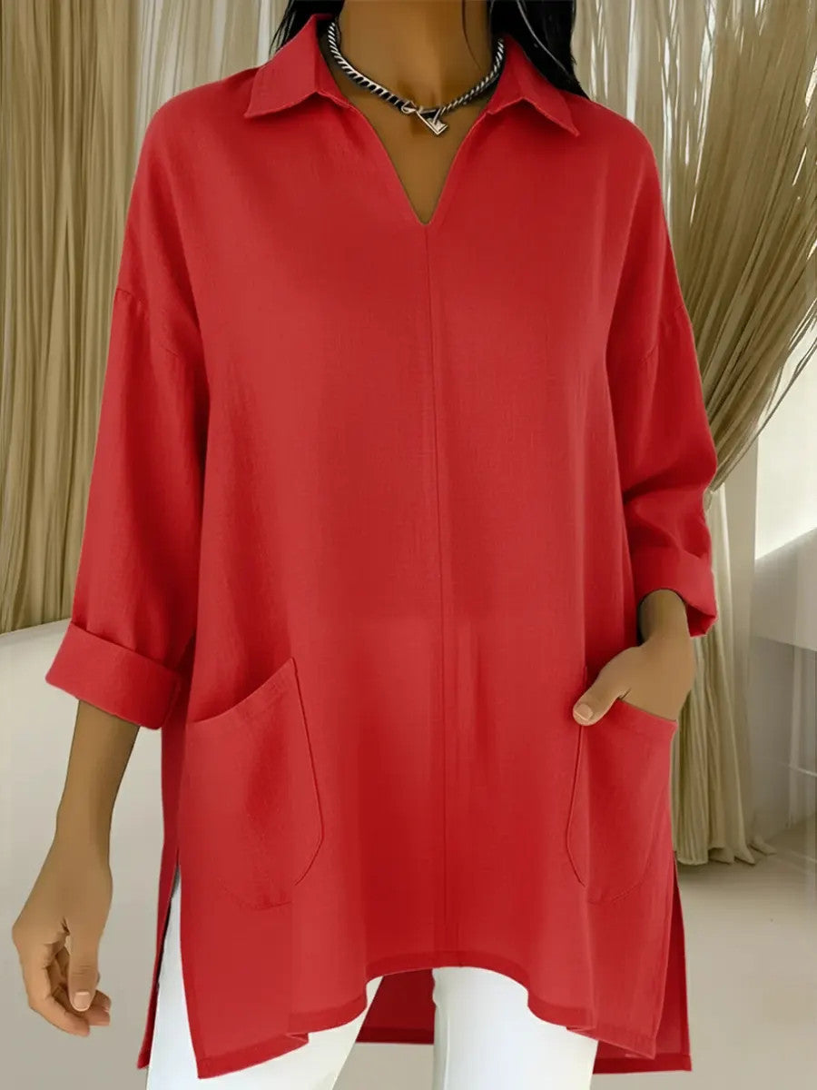 Women's long sleeve blouse with elegant V-neckline and practical pockets Lune London