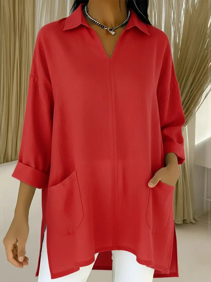 Women's long sleeve blouse with elegant V-neckline and practical pockets Lune London