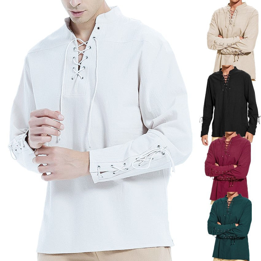 Men's long sleeve linen shirt with a modern lace-up design Lune London