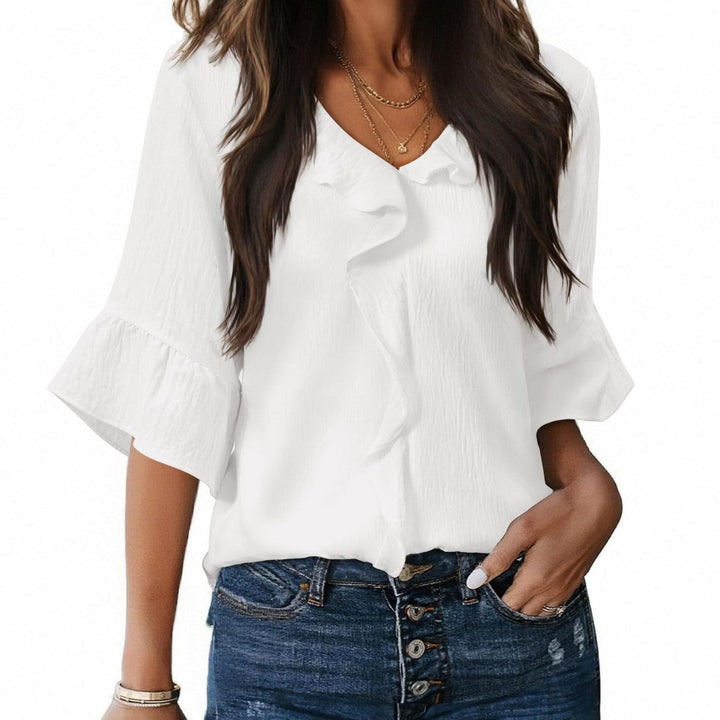 Women's Airy Blouse Shirt with Ruffle Details and V-Neck Lune London