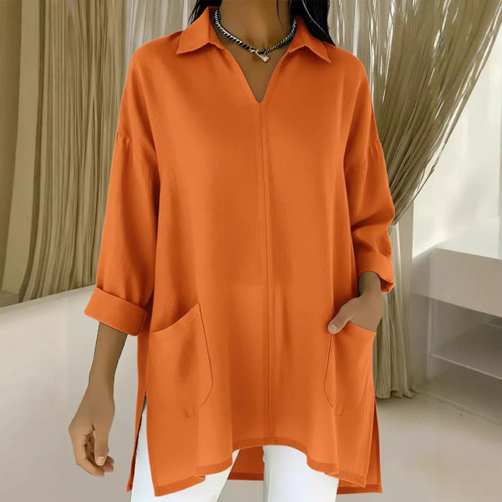 Women's long sleeve blouse with elegant V-neckline and practical pockets Lune London