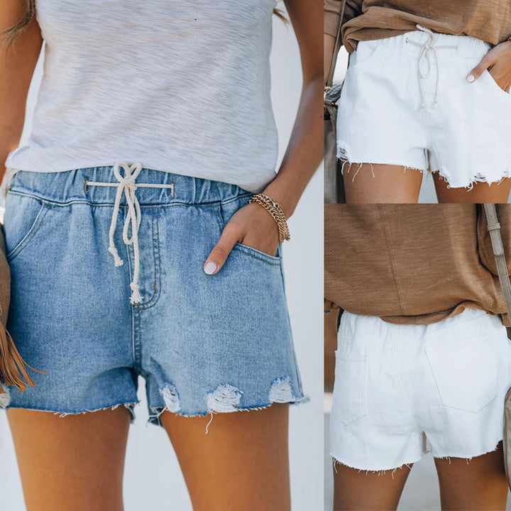 Women’s denim shorts with elastic waistband and frayed details Lune London