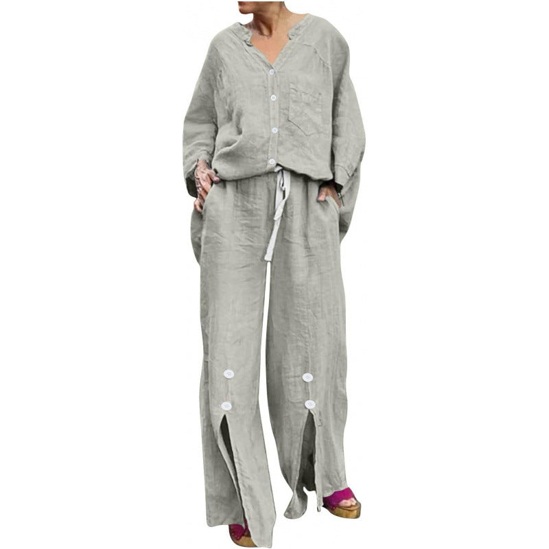 Women Casual Two-Piece Linen Set with Button Closure and Side Slits Lune London