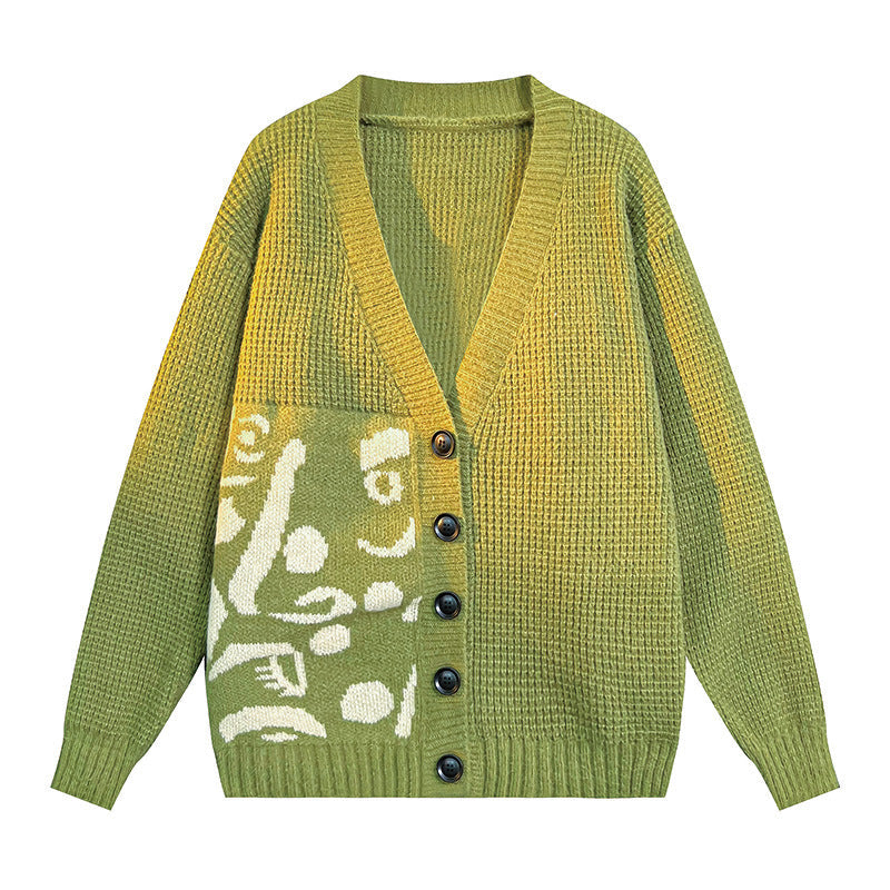 Ladies cardigan with artistic pattern and deep V-neck Chic and Style