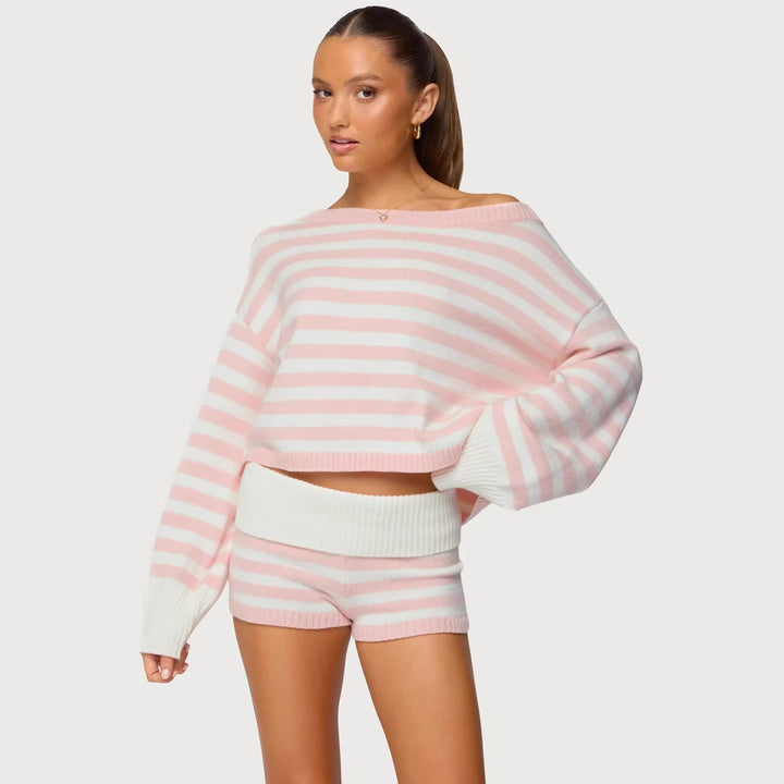 Women's casual cropped knit set with delicate stripes and loose fit