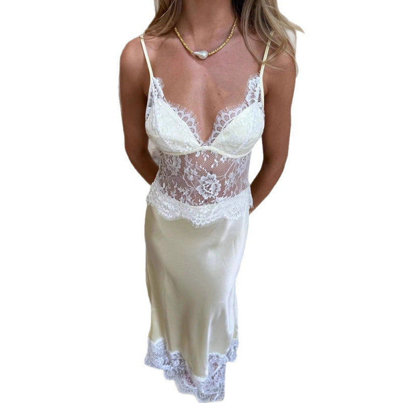 Women's Elegant Nightgown with Transparent Lace Insert and Adjustable Straps Lune London