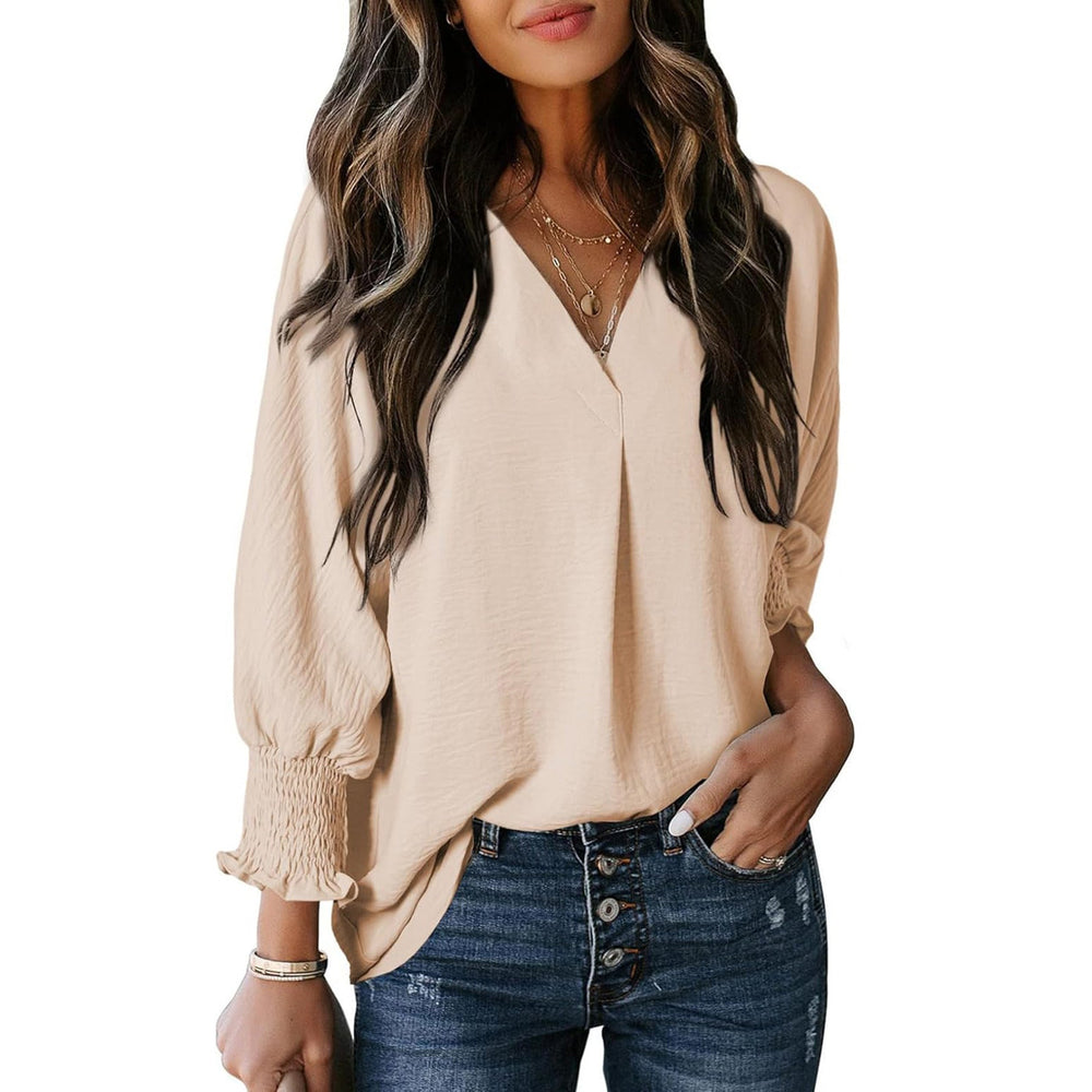 Women's V-Neck Blouse with Casual Balloon Sleeves and Ruffle Details Chic und Stil