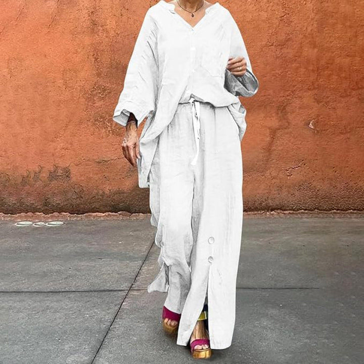 Women Casual Two-Piece Linen Set with Button Closure and Side Slits Lune London
