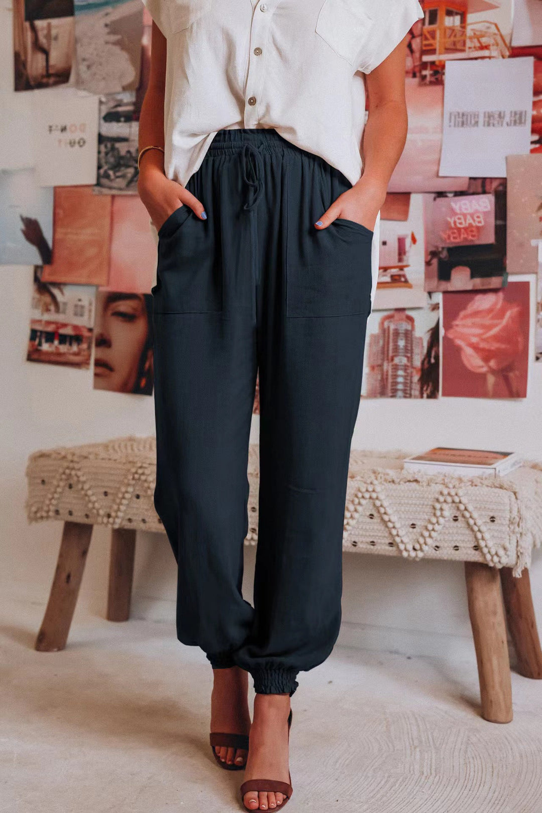 Comfortable harem pants for women with elastic waist and practical pockets Lune London