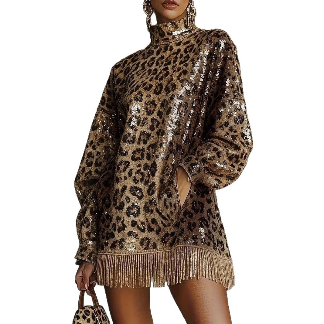 Women Glittering Short Dress with Leopard Pattern and Fringes Chic & Stil