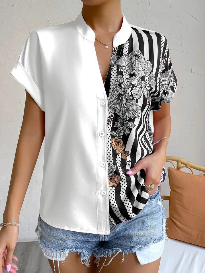 Elegant button blouse for women with floral patchwork Lune London