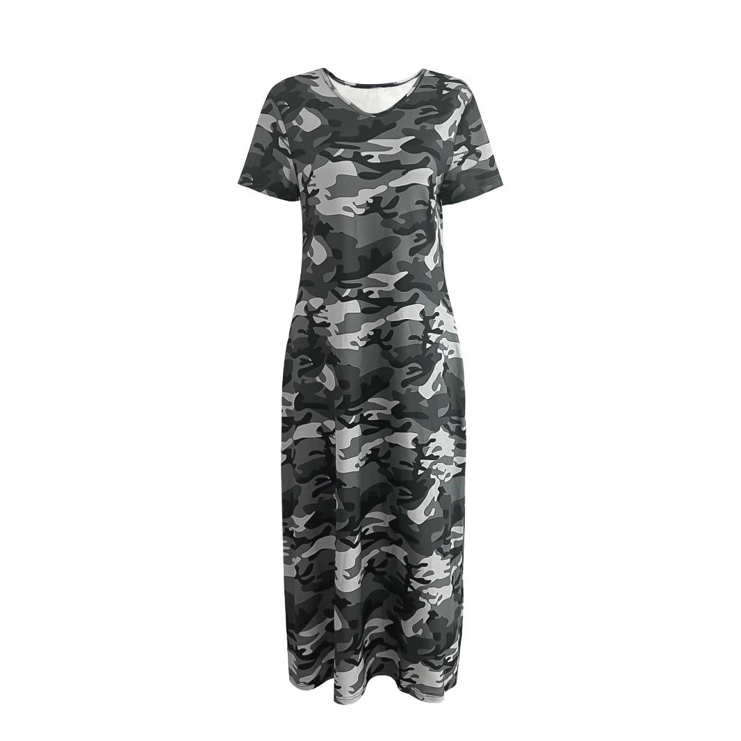 Maxi dress for women with a modern camouflage design and practical pockets Lune London