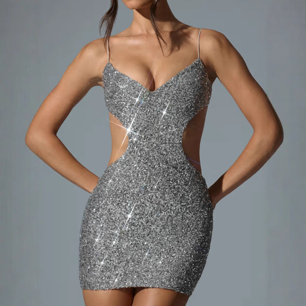 Women's Glittering Cut-Out Mini Dress with Shimmering Sequins and Spaghetti Straps Lune London