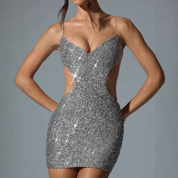 Women's Glittering Cut-Out Mini Dress with Shimmering Sequins and Spaghetti Straps Lune London