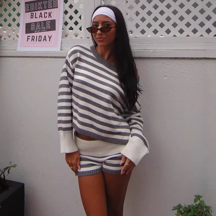 Women's casual cropped knit set with delicate stripes and loose fit