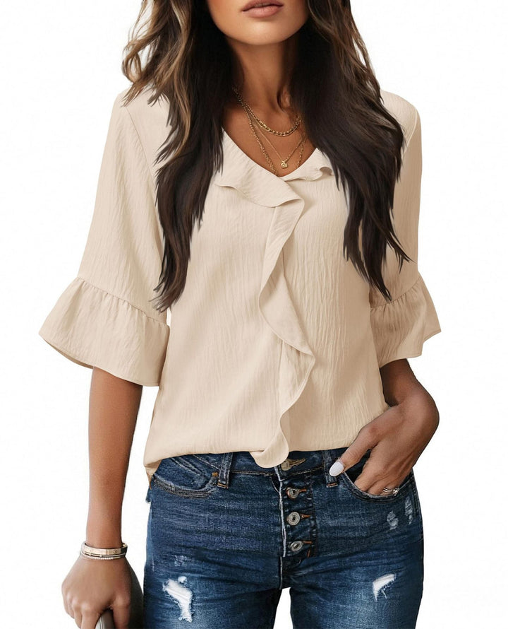 Women's Airy Blouse Shirt with Ruffle Details and V-Neck Lune London