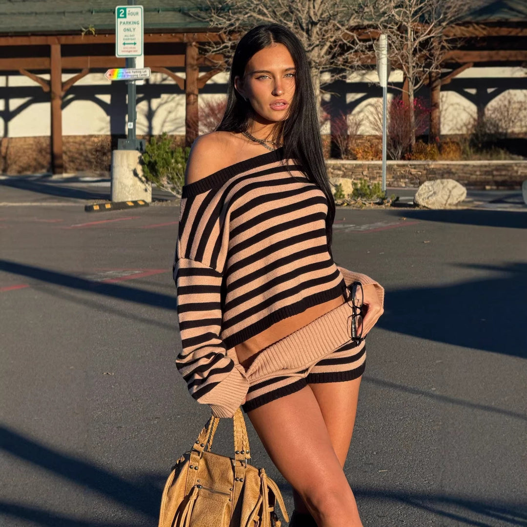 Women's casual cropped knit set with delicate stripes and loose fit