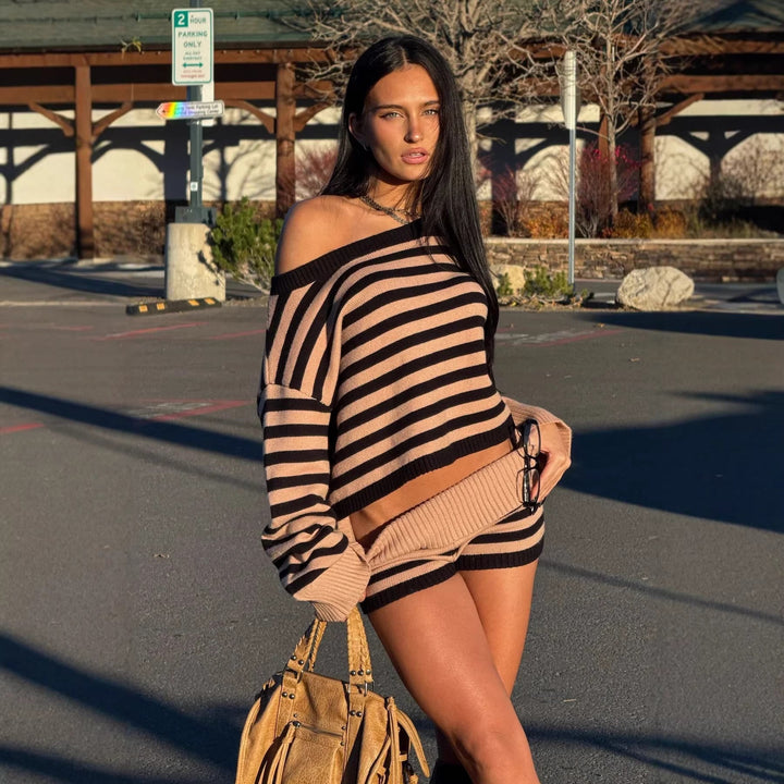 Women's casual cropped knit set with delicate stripes and loose fit