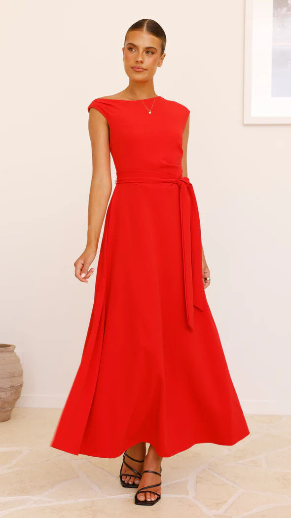 Women's maxi dress with a chic asymmetrical neckline and elegant bow