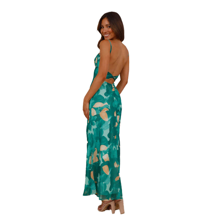 Women's maxi dress with floral watercolor design and adjustable straps