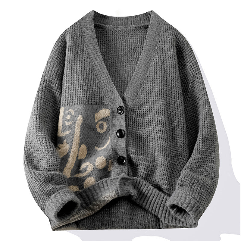 Ladies cardigan with artistic pattern and deep V-neck Chic and Style