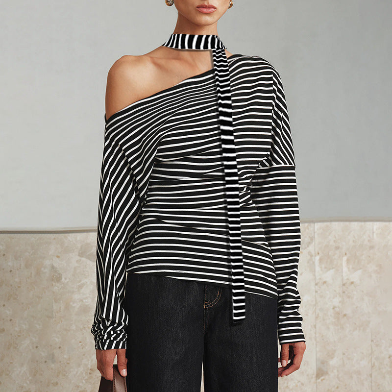 Women's asymmetrical long sleeve shirt with fashionable stripes and halter neck Lune London