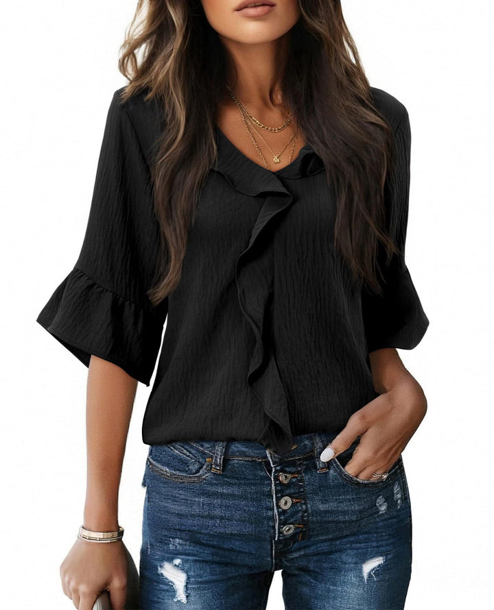 Women's Airy Blouse Shirt with Ruffle Details and V-Neck Lune London