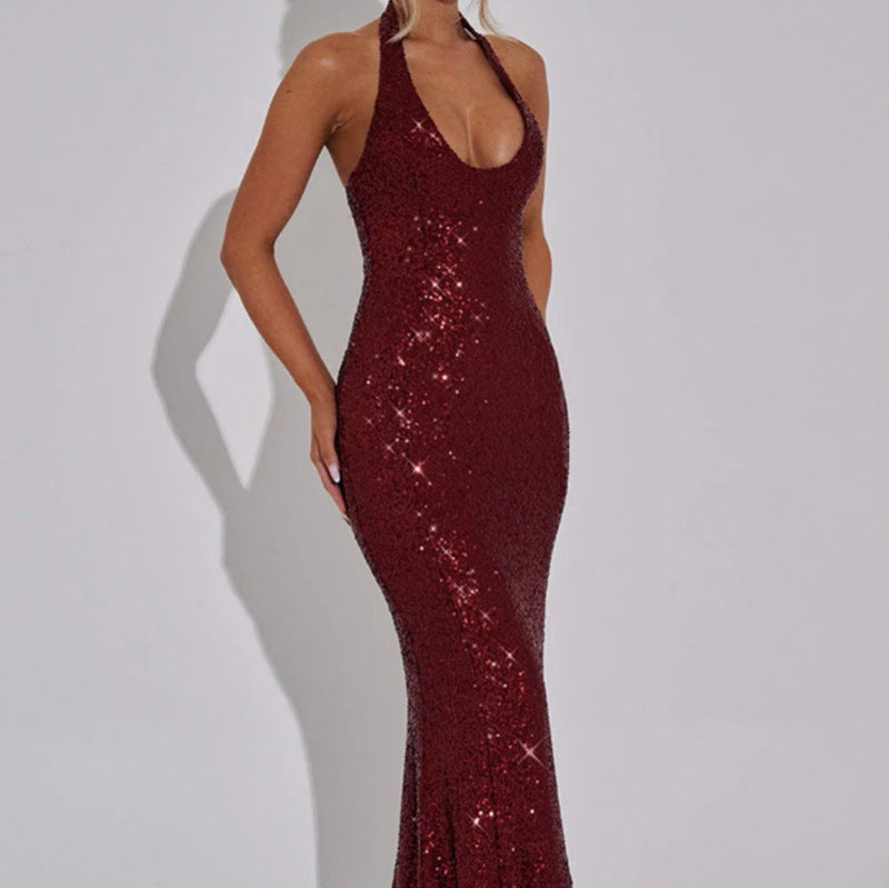 Women's Glamorous Sequin Maxi Dress with Deep V-Neck and Slim Fit