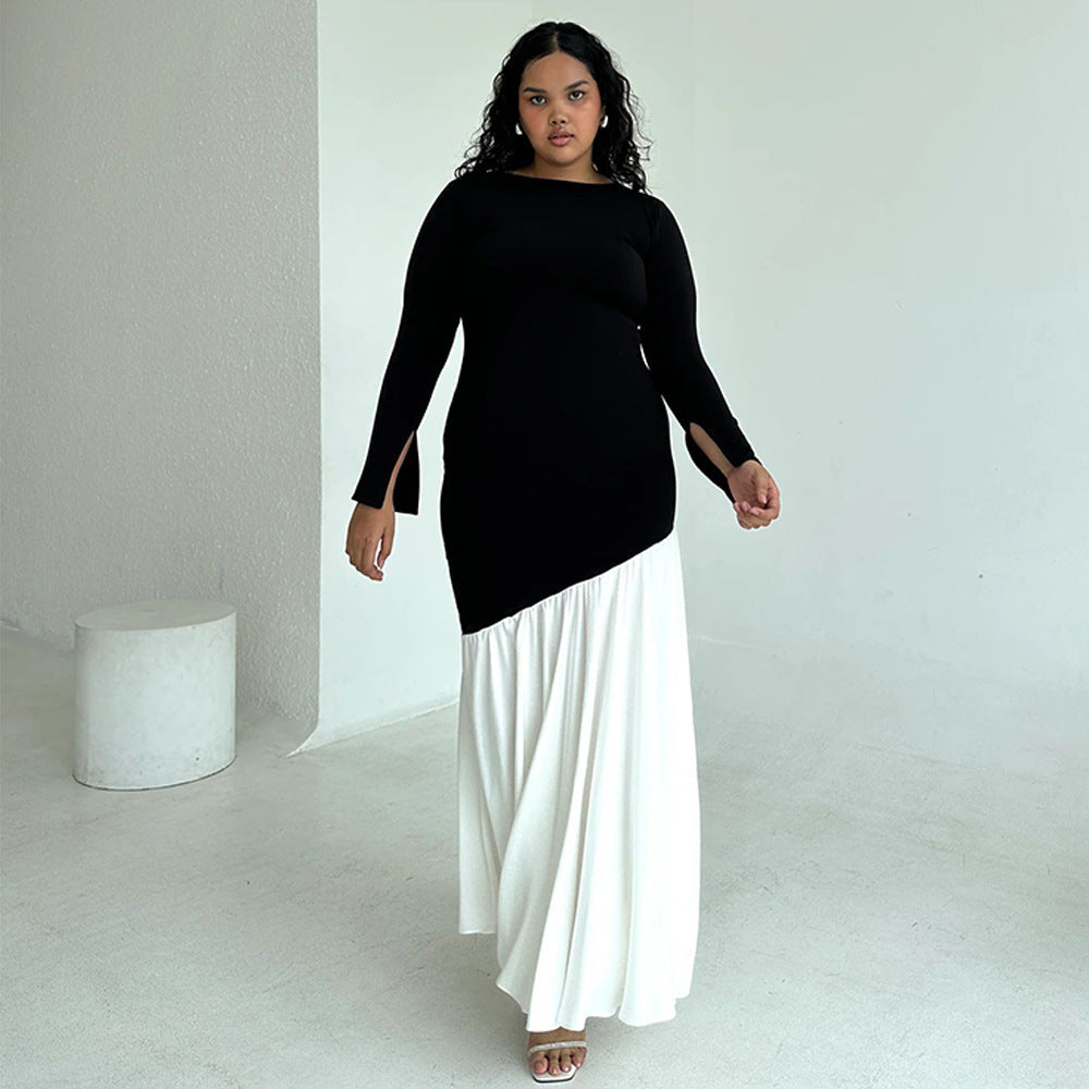 Elegant and asymmetrical maxi dress for ladies with long sleeves and chic and stylish color contrasts.
