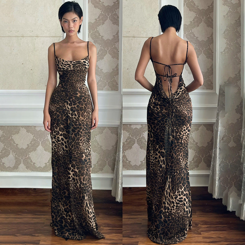 Ladies Elegant Maxi Dress Leopard Print Backless Chic and Style