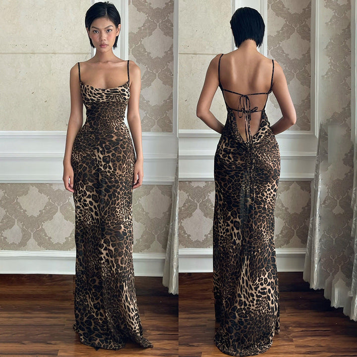 Ladies Elegant Maxi Dress Leopard Print Backless Chic and Style
