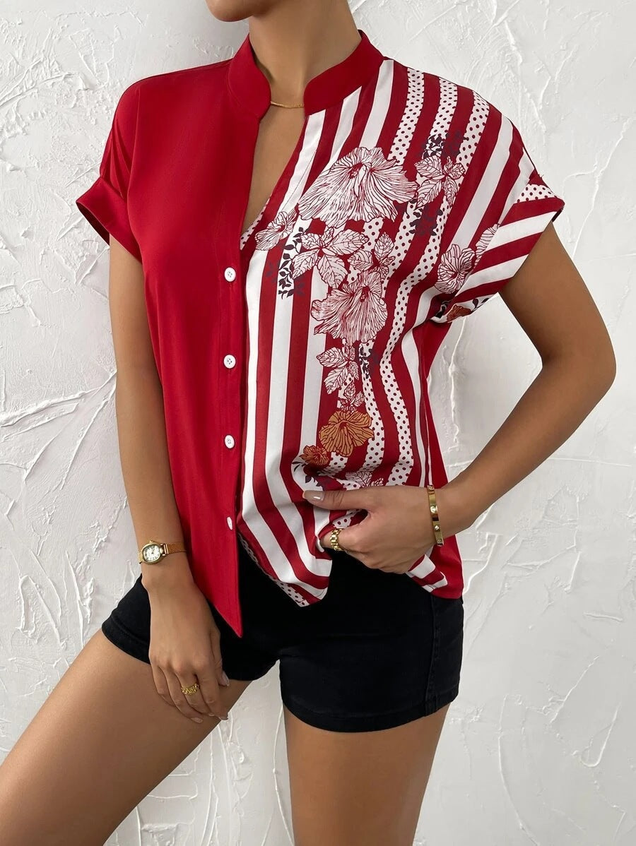 Elegant button blouse for women with floral patchwork Lune London