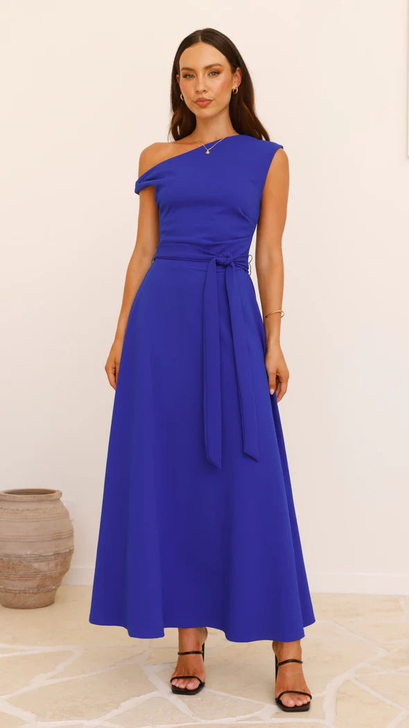 Women's maxi dress with a chic asymmetrical neckline and elegant bow