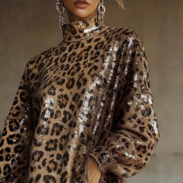 Women Glittering Short Dress with Leopard Pattern and Fringes Chic & Stil