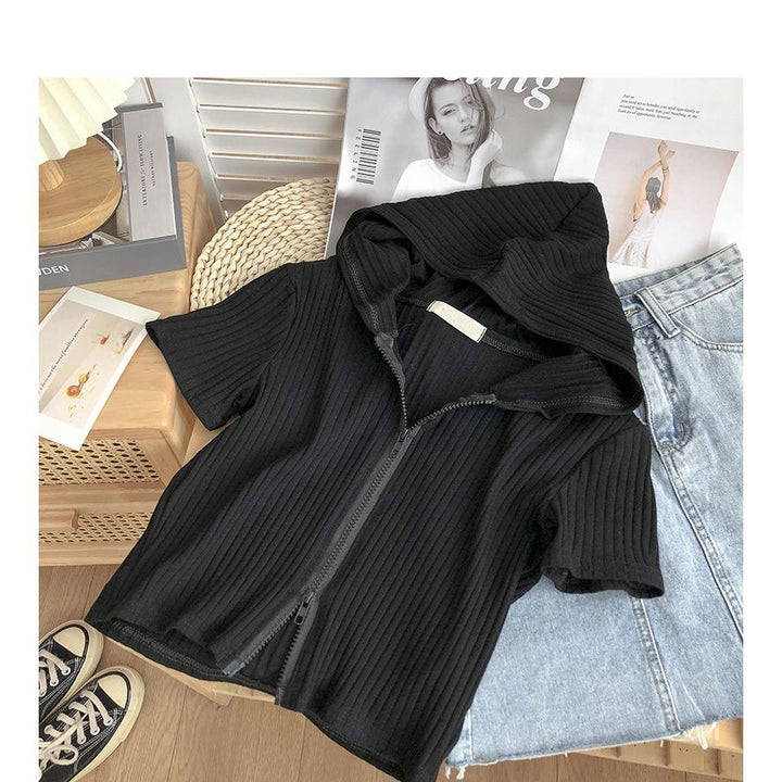 Women's Short Sleeve Hoodie Zip-Up Top with Rib Texture Chic und Stil